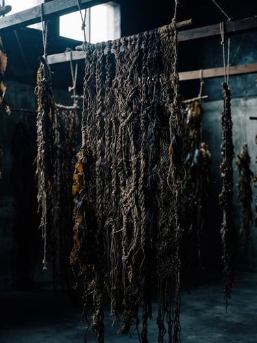 A high-contrast fine art installation of woven kelp tapestries hanging in a low-key lit gallery, deep oceanic blue shadows, 35mm photography