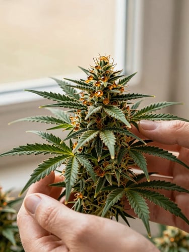 Close-up of beautifully manicured cannabis flower showing amber trichomes, held gently in hands with minimalist packaging, warm window light, 35mm