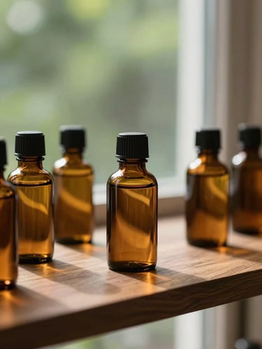 Elegant amber glass tincture bottles on a sunlit walnut shelf, warm natural light, shallow depth of field, 35mm