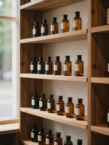 A medium environmental shot of the sunlit Zizo Budz showroom, showing warm walnut wood shelves holding minimalist amber glass tincture bottles, soft window light, 35mm
