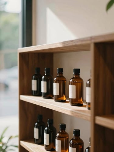 Warm, sunlit interior shot of the Zizo Budz showroom, featuring mid-century modern walnut shelving and minimalist amber glass bottles, shallow depth of field, 35mm