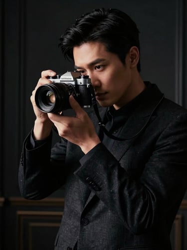 Low-key dramatic portrait of a professional photographer, elegant dark attire, holding a vintage camera, rich shadows, 35mm lens style, upscale dark interior background.