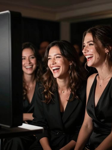Cinematic medium-closeup of elegant guests laughing in front of a sleek black photobooth setup, low-key dramatic ambient lighting, rich shadows, 35mm lens