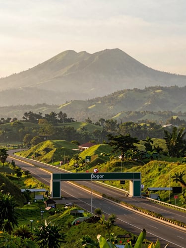 Wide-angle editorial photo of a modern highway exit in Bogor with lush green hills and Mount Salak towering in the background, soft morning light, 35mm lens