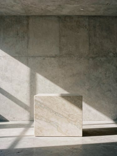 Dramatic low angle shot of a minimalist concrete fashion atelier interior, sharp natural sunlight casting deep shadows across a marble plinth, neutral stone tones, medium format film.