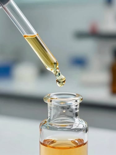 Macro close-up of a precise laboratory pipette dispensing a golden active serum into a clear glass vial, bright clinical lighting with warm gold undertones, clean laboratory environment.