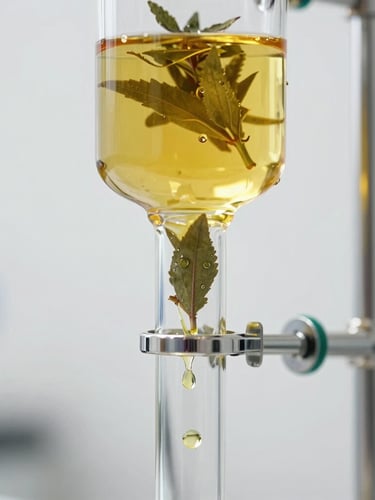 Macro close-up of a glass distillation apparatus extracting pure golden essential oil from fresh herbal leaves. Droplets of oil are visible inside the glass tube. Sterile white laboratory setting, bright clinical lighting with gold highlights.