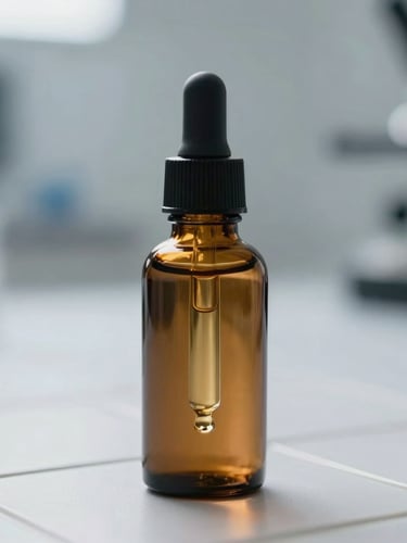 Macro shot of a minimalist amber glass dropper bottle filled with clear active serum, resting on a clean white laboratory tile under precise clinical lighting