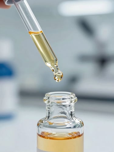 Macro close-up of a glass pipette dispensing a golden active serum into a clear glass vial, bright clinical laboratory lighting, soft gold undertones, clean-room setting.