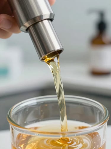 Macro close-up of a viscous, golden shampoo formulation being precisely dispensed from a stainless steel nozzle into a clear glass container, clean laboratory background, bright clinical lighting with warm gold undertones.
