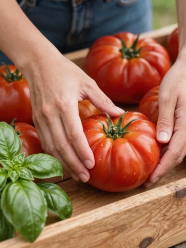 Tight editorial crop of hands arranging organic heirloom tomatoes and fresh basil on a rustic wooden market stand, soft north daylight, rich crimson tones, shallow depth of field