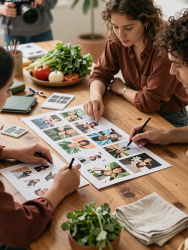 A wide editorial shot of a creative team reviewing social media layouts on a large wooden table, surrounded by cameras, fresh produce, and linen napkins, soft natural lighting.