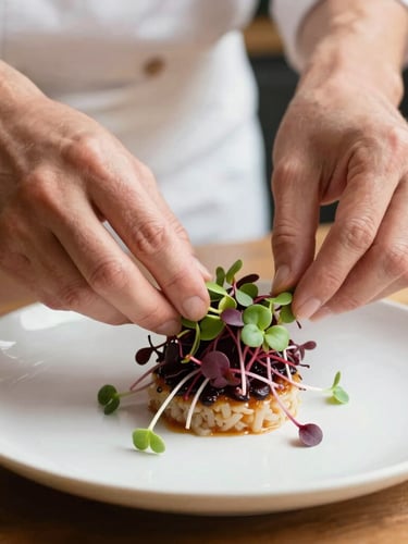 Tight editorial crop of a chef's hands carefully placing microgreens on a beautifully plated dish, warm natural daylight, shallow depth of field.
