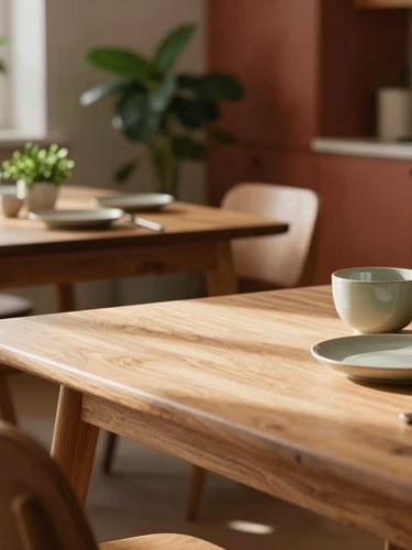 A warm, Scandinavian-style dining room with soft natural daylight casting long shadows on light wood tables, minimalist ceramic tableware, and fresh herbs in the background.