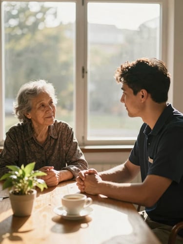 Wide environmental frame, a staff member sitting beside a resident at a sunlit window, both leaning toward each other mid-conversation, afternoon light falling across their hands on the table, a small potted plant and a teacup in the foreground, warm golden tones, candid and unhurried