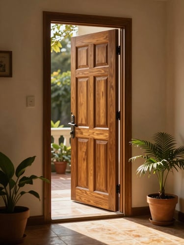 Narrow portrait of a half-open wooden front door with afternoon light spilling across a tiled entry floor, a potted plant to one side, warm and welcoming—shot from outside looking in, natural golden light, no people, intimate residential scale