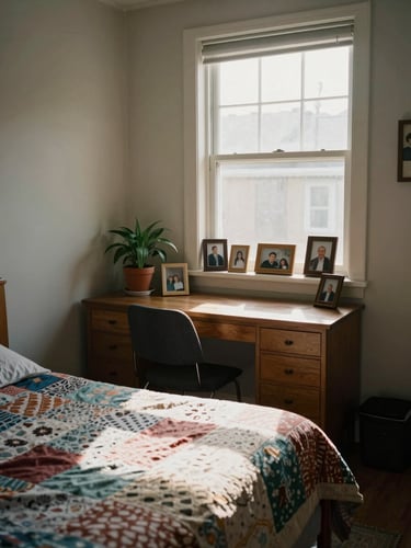 Wide portrait-orientation documentary shot of a resident's private room, furniture arranged with a writing desk placed near the window by choice, a small collection of framed family photographs on the windowsill, a potted plant in the corner, afternoon light falling across a patchwork bedspread, intimate and personal—the room reads as belonging to someone specific