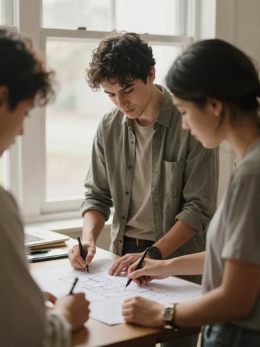 A medium shot of two community organizers collaborating over architectural plans in a sunlit interior, warm window light, muted organic tones, EB Garamond editorial feel.