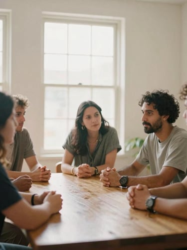 A medium shot of community organizers collaborating around a wooden table in a sunlit room, warm interior window light, focused expressions, muted organic tones, 35mm film aesthetic.