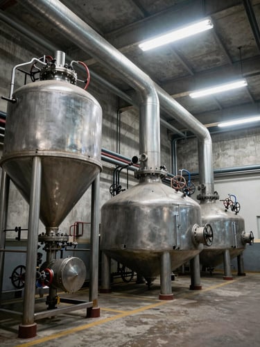 Wide-angle shot of an industrial food processing plant boiler room, biomass feed hopper visible at left frame, steam pipes overhead, concrete walls under warehouse fluorescent light — honest industrial documentary
