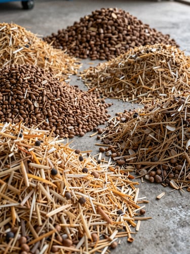 Extreme close-up of a cross-section pile of biomass feedstocks on a concrete floor under industrial daylight — rice husk, groundnut shells, and sawdust arranged in adjacent mounds, textures sharp and detailed, showing material density and variety