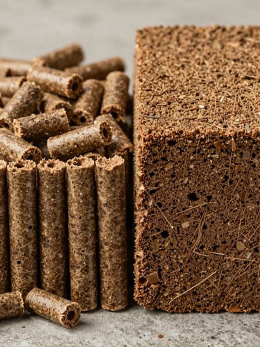 Extreme close-up of freshly extruded biomass pellets and a dense briquette side by side on a rough concrete surface under studio strobes, showing consistent cylindrical form, dense compressed texture, and earthy brown tones — product integrity shot, no hands