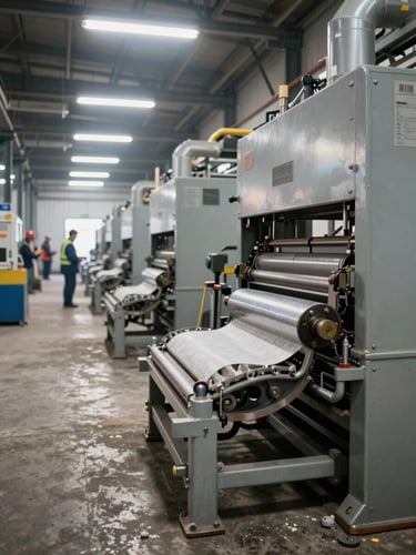 Wide industrial biomass manufacturing floor mid-operation, pellet press machinery in the foreground under high-bay fluorescent light, workers in safety gear visible mid-ground, concrete floor and steel structure receding into background depth