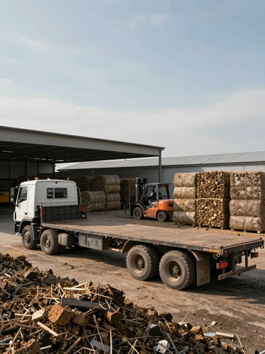Wide documentary shot of a biomass aggregation yard under open afternoon sky — a loaded flatbed truck parked beside a covered storage shed, bulk biomass bales stacked in rows, forklift visible in mid-ground, honest industrial scale, natural side-light