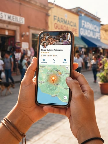 Mobile phone showing DimeDonde app with a business profile page, a map with a glowing orange pin in Tierra Caliente, warm natural sunlight, authentic Mexican street scene in background, shallow depth of field.