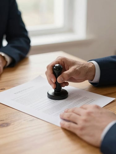 Close-up of hands applying an official notary seal to a document on a warm wooden desk, soft natural window light, professional and secure