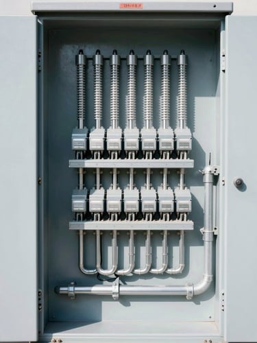Straight-on architectural elevation of a newly installed commercial electrical distribution board, clean conduits, bright daylight, high-contrast cool tones
