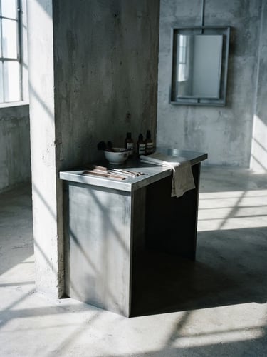 Stark editorial photography of a minimalist concrete studio interior, sharp directional daylight casting long shadows across a raw metal styling station, cool desaturated tones, 35mm film grain.