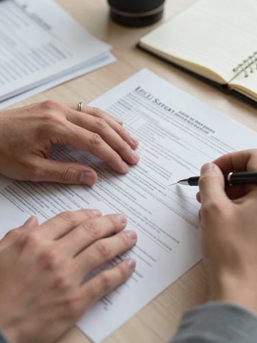 Close-up of a desk workspace, hands resting on a neatly annotated tax form, a pen mid-notation, documents and a ruled notebook visible under even north-facing daylight