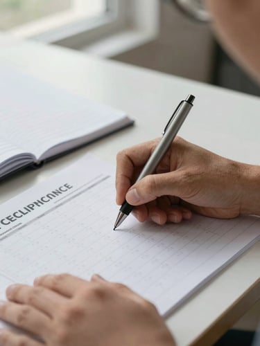 Close-up medium shot of a single practitioner's hands annotating a printed compliance calendar at a tidy desk, a ruled ledger open beside it, soft diffused daylight from a nearby window, focus on the pen tip touching the page