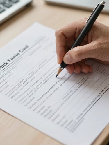 Close-up of a professional's hands annotating a printed tax return form on a tidy desk, a mechanical pencil mid-stroke, even north-facing daylight, shallow depth, warm off-white paper