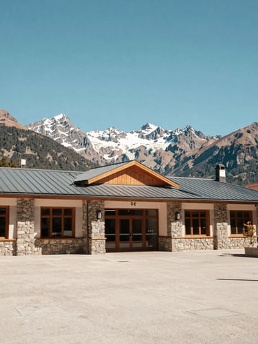 Terminal de Bariloche exterior against the majestic Andes mountains backdrop, clean stone architecture, bright alpine daylight, wide-angle lens
