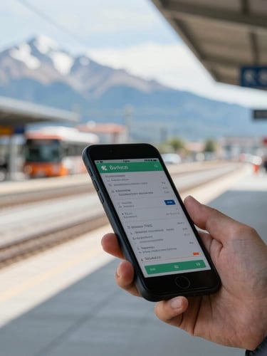 Close-up of a traveler holding a mobile boarding pass on a smartphone screen, clean bus platform of Bariloche terminal blurred in the background, cool alpine daylight
