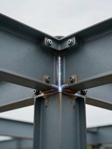 Close-up of structural steel beam connection detail showing precision welds and bolt plates, overcast natural daylight, industrial context, tight technical framing emphasising millimeter-level fit