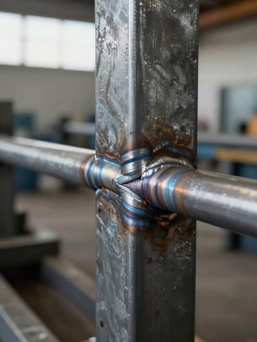 Close-up of a steel weld joint on a structural beam, natural overcast light, sharp detail showing the weld bead texture and heat marks on the metal surface, no people, industrial workshop background slightly out of focus