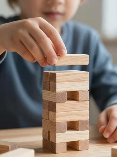 A close-up of a child's hands carefully placing a wooden block onto a small tower, soft natural morning light, warm tones