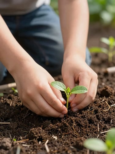 Close-up of a child's hands gently planting a small green seedling in rich dark soil, soft morning sunlight, outdoor garden setting.