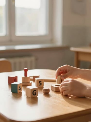 A vertical portrait of a bright, sunlit classroom corner. A child's hands are gently arranging wooden toys on a light oak table. Warm morning light streams through a large window, soft focus background, serene atmosphere.