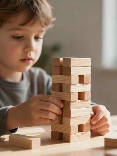 A close-up of a young child focused on stacking natural wooden blocks on a light cream table, soft morning light from a side window, warm tones.