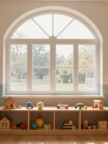 Soft warm morning light shining through a large arched window of a clean, bright Italian preschool classroom, wooden toys arranged neatly on a low shelf, peaceful atmosphere, no people.