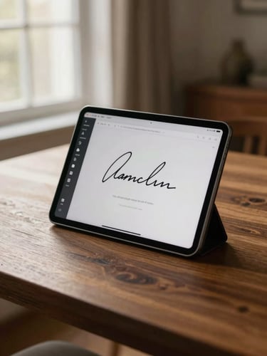 A sleek tablet displaying a secure digital signature interface on a warm oak table, soft morning window light, high-end residential interior in the background