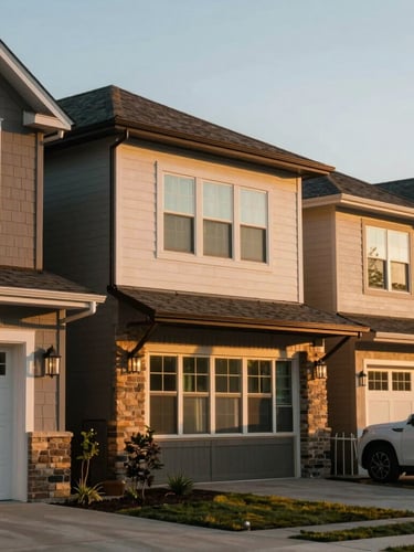 Warm environmental shot of a modern Dallas-Fort Worth residential neighborhood at golden hour, clean lines, soft natural lighting