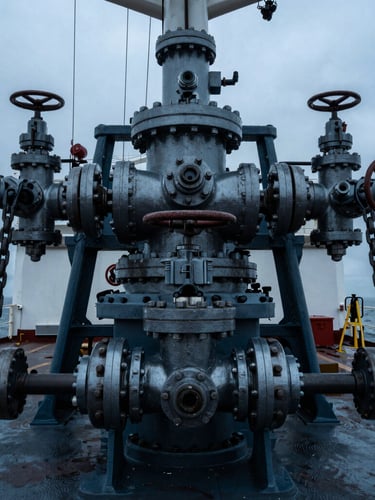 Extreme close-up of industrial maritime machinery on a tanker deck under cold overcast daylight, sharp focus on steel chains and valves, 35mm.