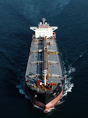 Wide-angle aerial shot of a massive deepwater crude oil tanker navigating open ocean, cold steel-blue tones, low-key dramatic lighting, sharp contrast, 35mm