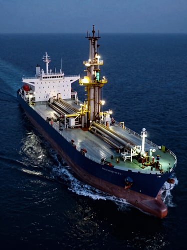 Wide-angle aerial shot of a deepwater oil tanker navigating cold steel-blue waters at dusk, low-key dramatic lighting, sharp industrial highlights, 35mm