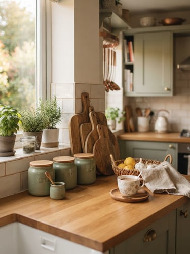 Warm lifestyle photography of a beautifully organized kitchen counter, soft morning light filtering through windows, sage green ceramic jars and wooden cutting boards, cozy home interior, shallow depth of field